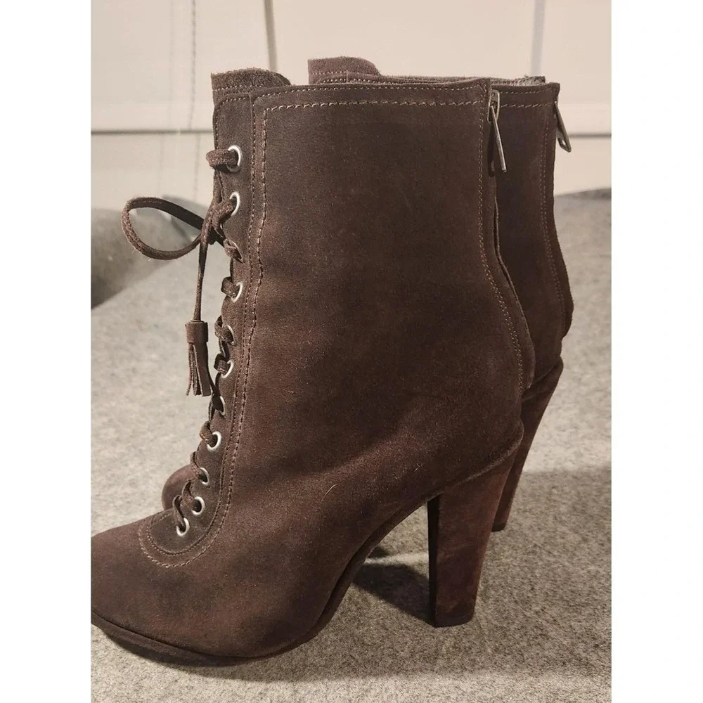AllSaints Boots Womens Size 9‎ Brown Suede Grimsby High Block Heel Zips Lug Sole